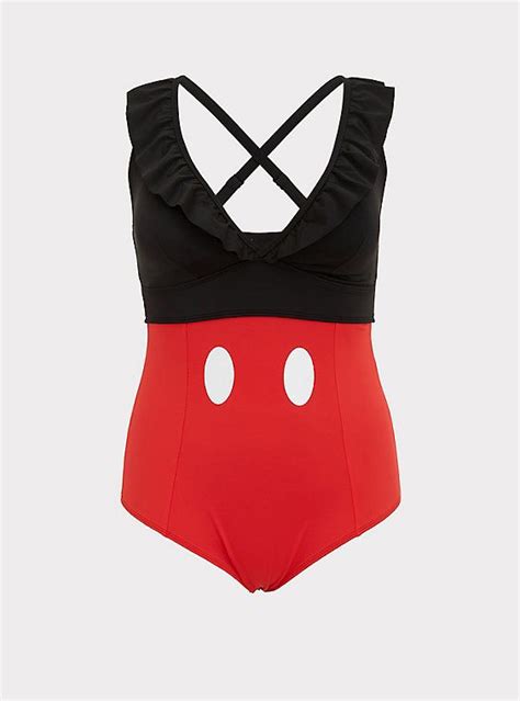 Disney Mickey Mouse Black And Red Ruffle Wireless One Piece Swimsuit
