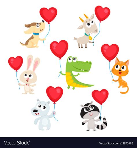 Cute And Funny Baby Animals Holding Red Heart Vector Image