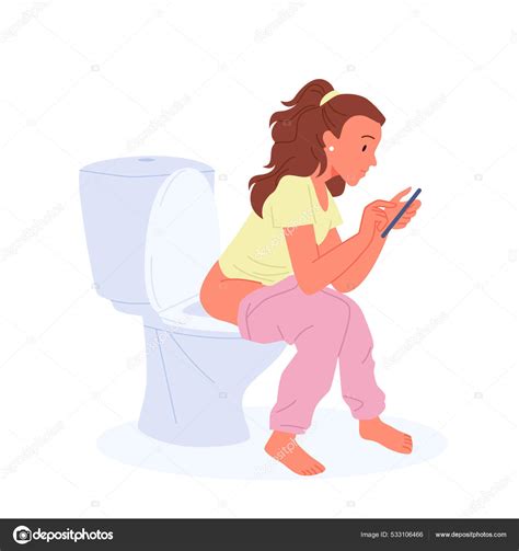 mädchen sitzt mit smartphone auf toilette toilette frau mit heruntergelassener hose
