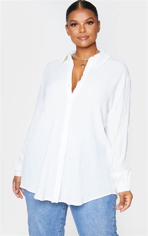 Plus White Textured Oversized Shirt Prettylittlething Usa