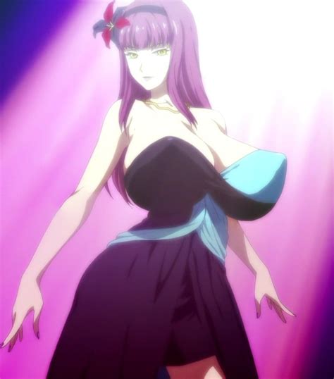 A Woman In A Black Dress With Purple Hair
