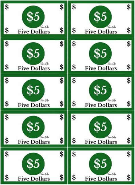 Printable Play Money 5 Dollar Bills
