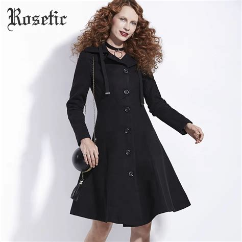 Rosetic Gothic Asymmetric Coat Black Trench Retro Slim Women Autumn