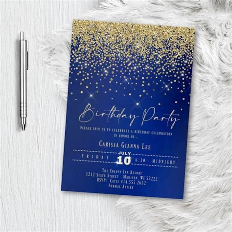 Royal Blue And Gold Birthday Party Invitation Formal Glitter And