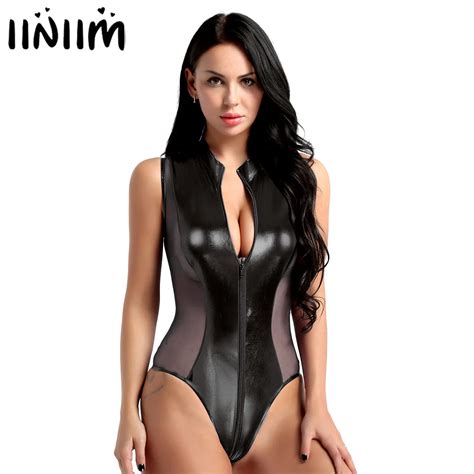 Iiniim Womens Patent Leather Fancy Clubwear Catsuit Shiny Metallic Sheer Mesh Splice Zipper High