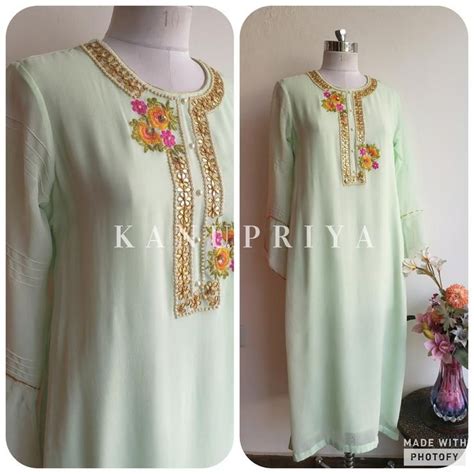 Mint Green Handwork Kurta Neckline Designs Indian Designer Wear