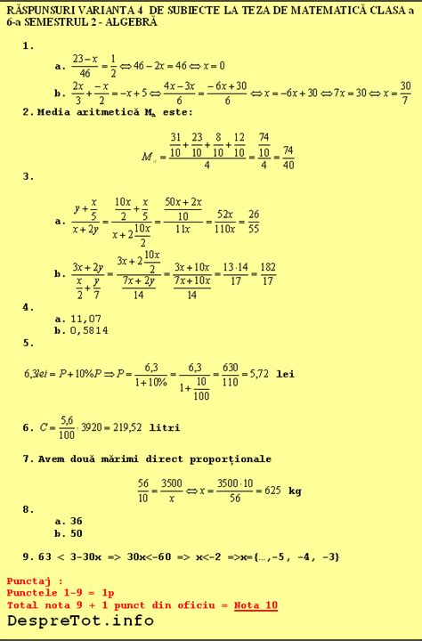 Teza Matematica Clasa 6 Sem 2 Varianta 4 Algebra
