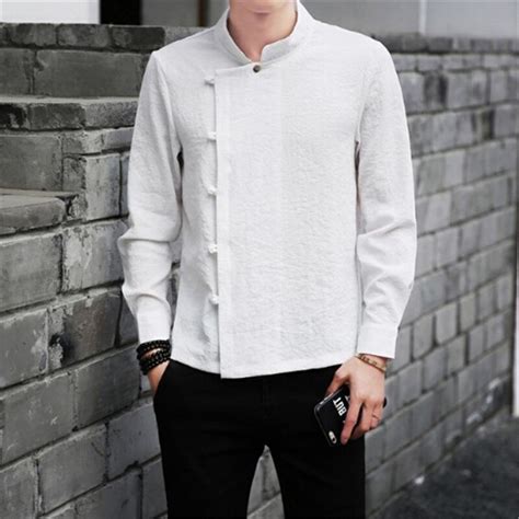 2018 Chinese Traditional Spring White Linen Shirts Men Shirt Long