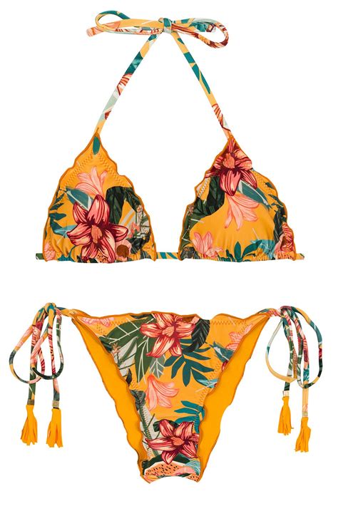 Geel Oranje Scrunch Bikini Met Bloemenprint En Golvende Randen Set