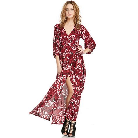 Buy Bohemian Flower Print Chiffon Dress Ladies Sexy V Neck Tie Up High Waist