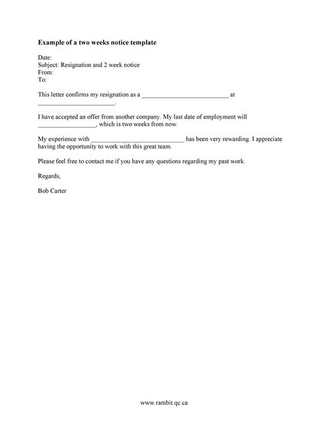 Weeks Resignation Letter Template
