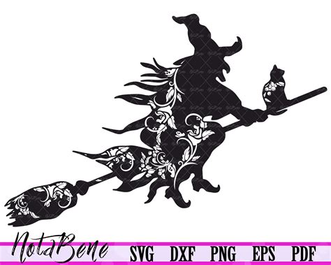 Floral Witch On Witches' Broom Black Cat SVG Decorative Halloween SVG Shirt Halloween Witch PNG ...