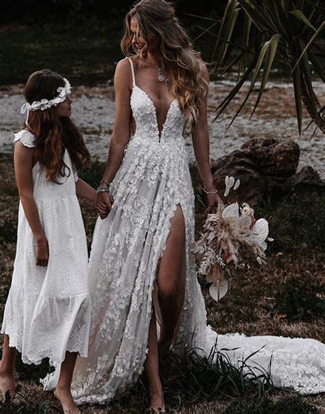 Dressself Lace Beach Wedding Dress With Split Boho Long Bridal Gown