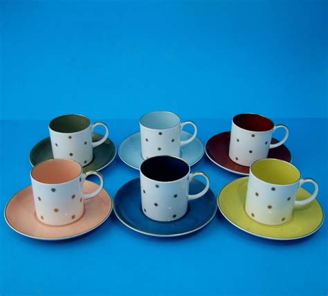Set Of SIX Susie Cooper Art Deco Harlequin Coffee Cans Cups Saucers