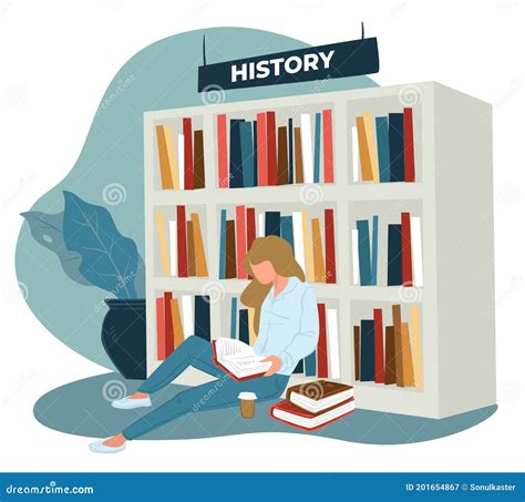 Woman Or Student Reading History Books In Store Stock Vector