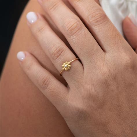 Dainty Gold Flower Ring Seed Pearl Ring In