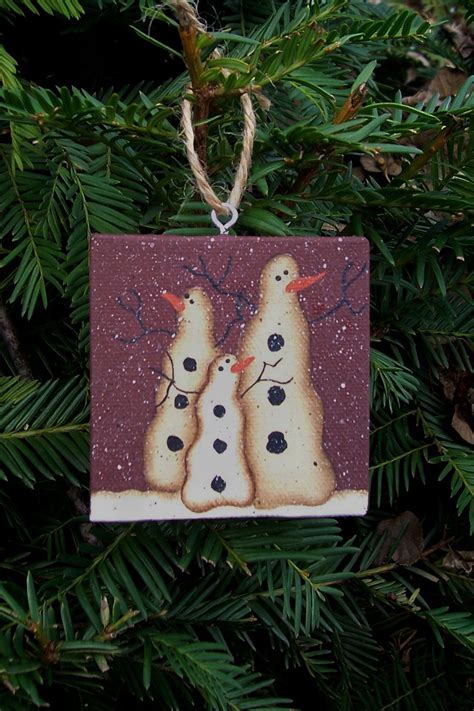 Primitive Folk Art Snowman Canvas Ornament Handpainted Xmas Crafts