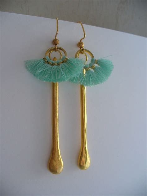 Turquoise Fan Tassel Long Dangle Earring Gold Earring Small Etsy