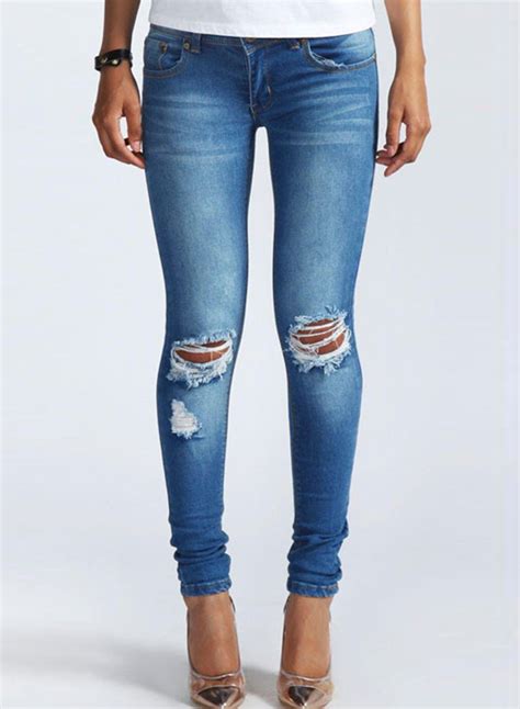 Womens Low Waist Ripped Denim Pencil Pants Jeans