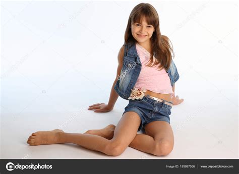 Beautiful Girl Denim Shorts Resting Floor Barefoot Elegant Attractive