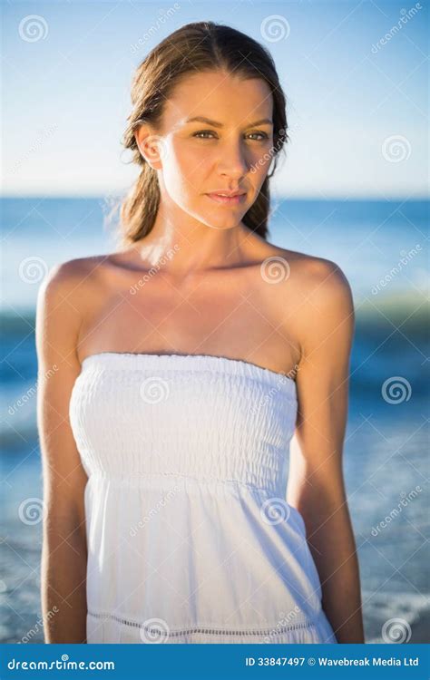 Serious Brunette In White Summer Dress Posing Stock Image Image Of Lifestyle Peaceful 33847497