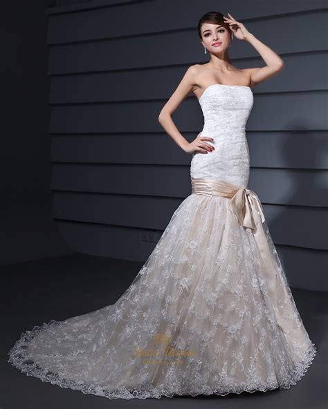 Depending on your body type, venue of your wedding, activities of the day and, most importantly, your preference, you can choose the gown of your dreams. Vintage White And Champagne Lace Mermaid Strapless Wedding ...