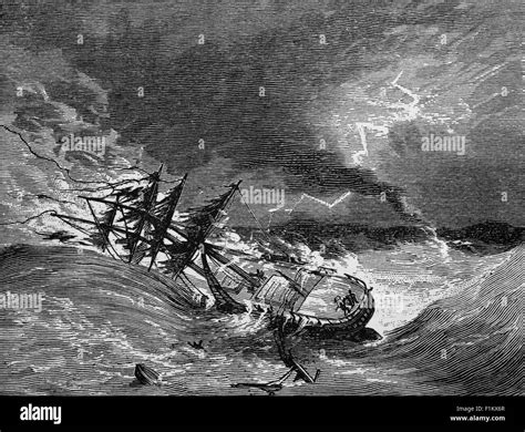 Ocean Going Sailing Ship In Distress From A Storm And Waterspout Stock