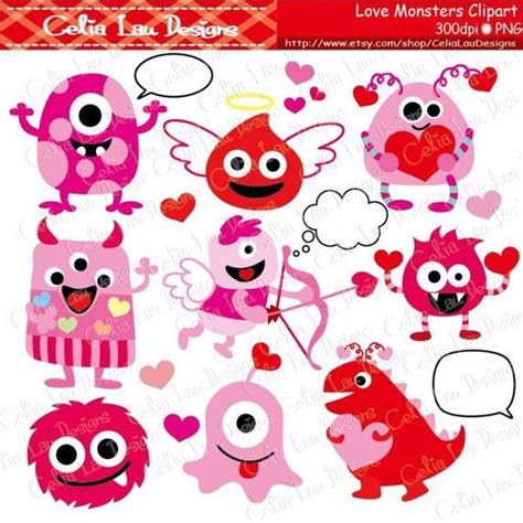 Valentine Monsters Clipart Love Monsters Clip Art Cg123 Etsy