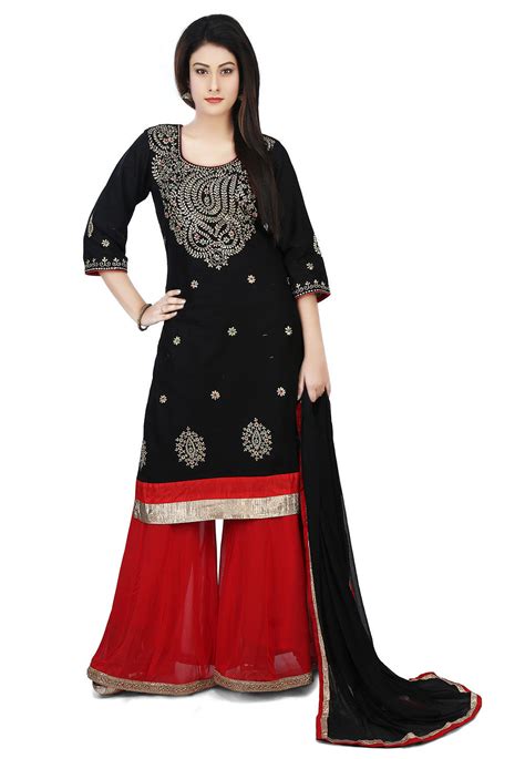 Embroidered Cotton Pakistani Suit In Black Kjn2086