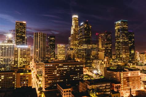 Downtown Los Angeles Skyline At Night Editorial Stock Photo Image Of