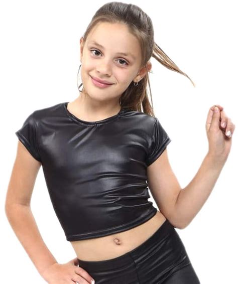 Aelstores Girls Wet Look Crop Top Metallic Black Shiny Stretch T Shirt Summer Tee Tops Shopstyle