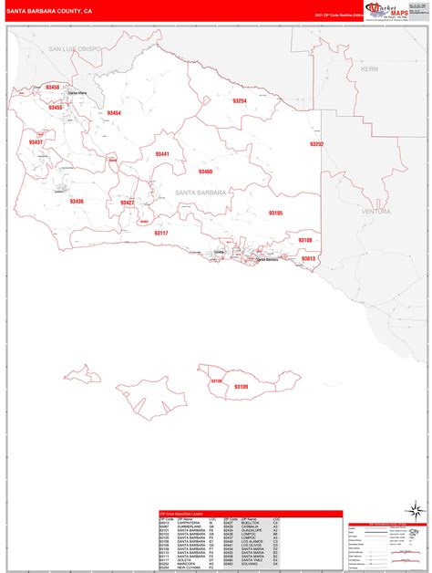Santa Barbara County Ca Zip Code Wall Map Red Line Style By Marketmaps