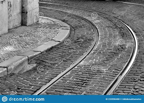Tram Rails On Cobblestone Street In Old Town Stock Photo Image Of