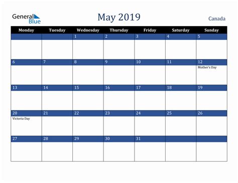 May 2019 Canada Holiday Calendar