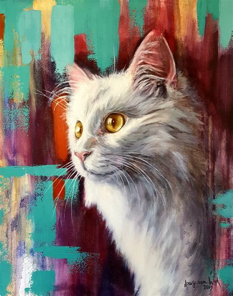 Original Painting White Cat With Abstract Background Purrrsonal Touch