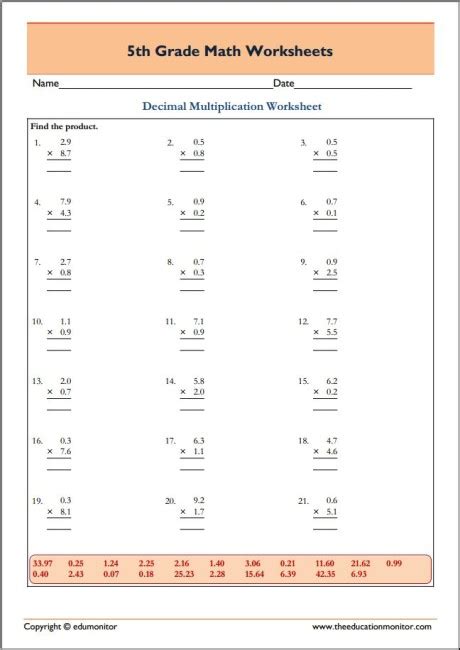 Multiplying Decimals Worksheets 5th Grade Pdf