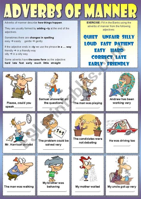 This list gives several examples of adverbs of manner from literature. Adverbs of manner - ESL worksheet by victor