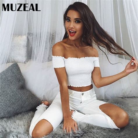 Muzeal Pleated Slash Neck Crop Top Shirts Woman Short Sleeve Off Shoulder T Shirts Stretchy Sexy