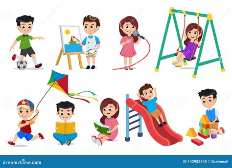 Kids Playing Vector Characters Set Young Boys And Girls Doing