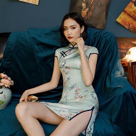 Chinese Summer Mini Cheongsam Women Silk Dress Prom Qipao Size S To 2xl