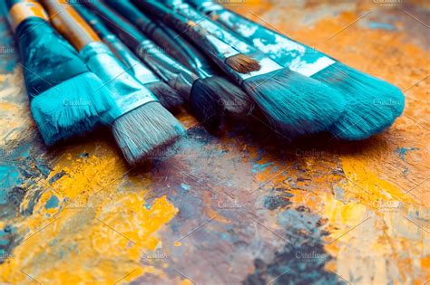 Paint Brushes On Artist Canvas Containing Brushes Paints And Artist