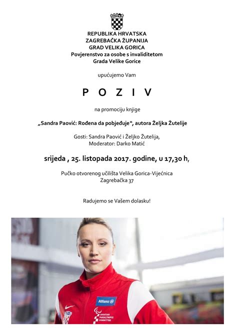 Poziv na promociju knjige Sandra Paović Rođena da pobjeđuje autora