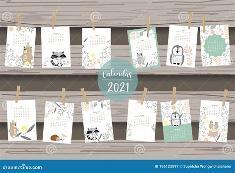 Cute Woodland Calendar 2021 With Bear Skunk Penguin Leaves For