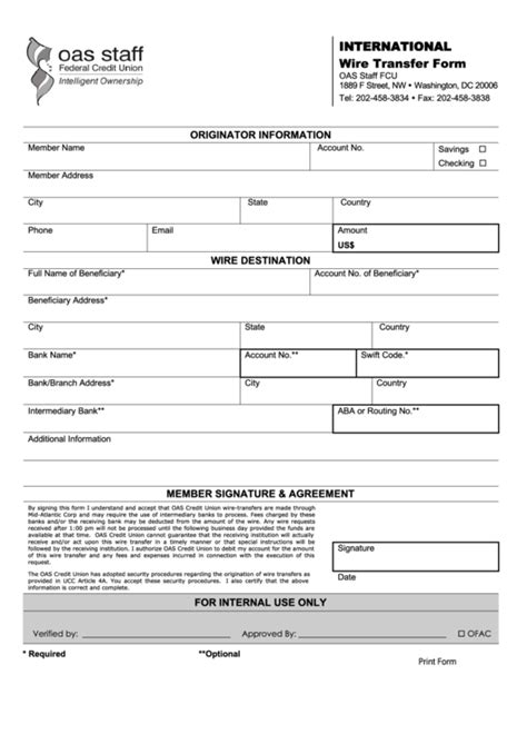 You can even set up a domestic or international wire from your local bank of america branch. Fillable Oas Staff International Wire Transfer Form printable pdf download