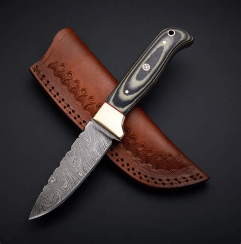 Custom Made Damascus Steel Hunting Knife Handle Black And Grey Micarta