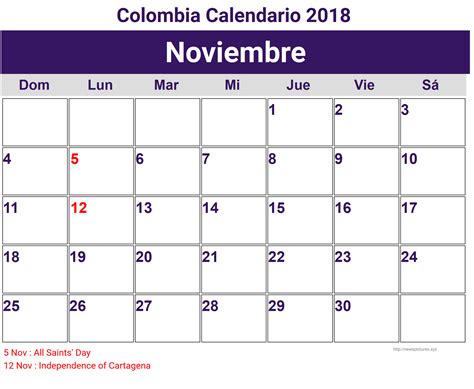Calendario Noviembre 2018 Colombia Calendar 2018 Holiday Calendar