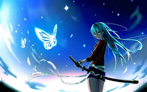 Wallpaper Illustration Anime Butterfly Blue Katana Screenshot