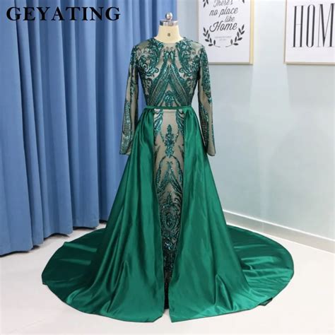 Buy Emerald Green Long Sleeves Mermaid Arabic Evening Dress With Detachable
