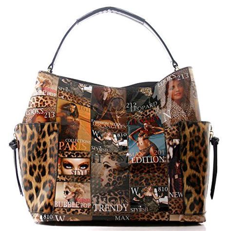 Magazine Cover Leopard Collage Top Handle Dome Satchel Handbag (Multi