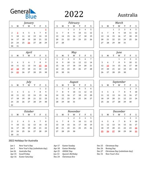 2022 Calendar Western Australia